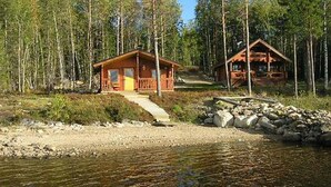 A cabin with a porch and a small deck, surrounded by a forest and a river.
