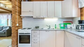 Fridge, microwave, cookware/dishes/utensils