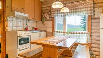 Fridge, microwave, cookware/dishes/utensils