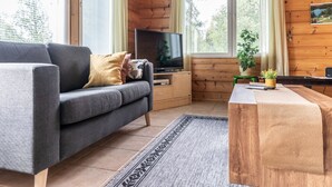 Een knus kamer in chaletstijl met een grijze bank, een televisie, een houten tafel en een raam met gordijnen.