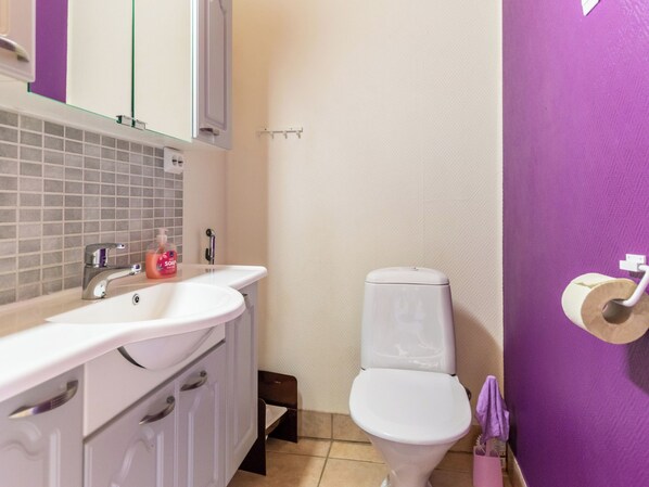 A bathroom with a white sink, a toilet, and a mirror above the sink.