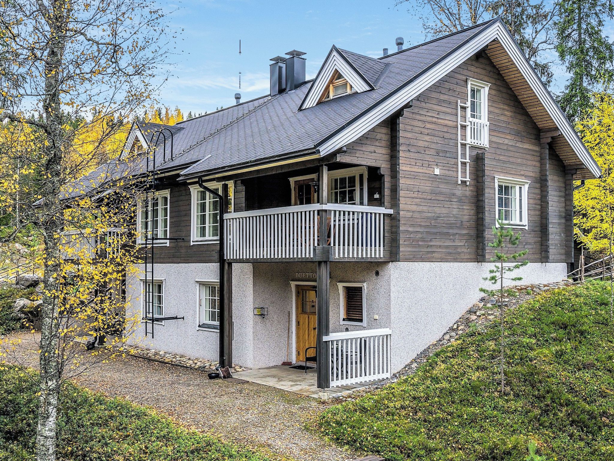 A two-story house with a balcony, a chimney, and a door labeled 'DUETTO'.