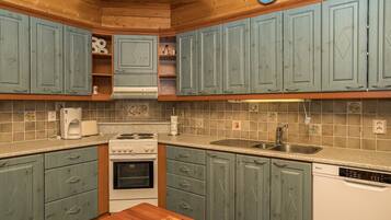 Fridge, microwave, dishwasher, cookware/dishes/utensils