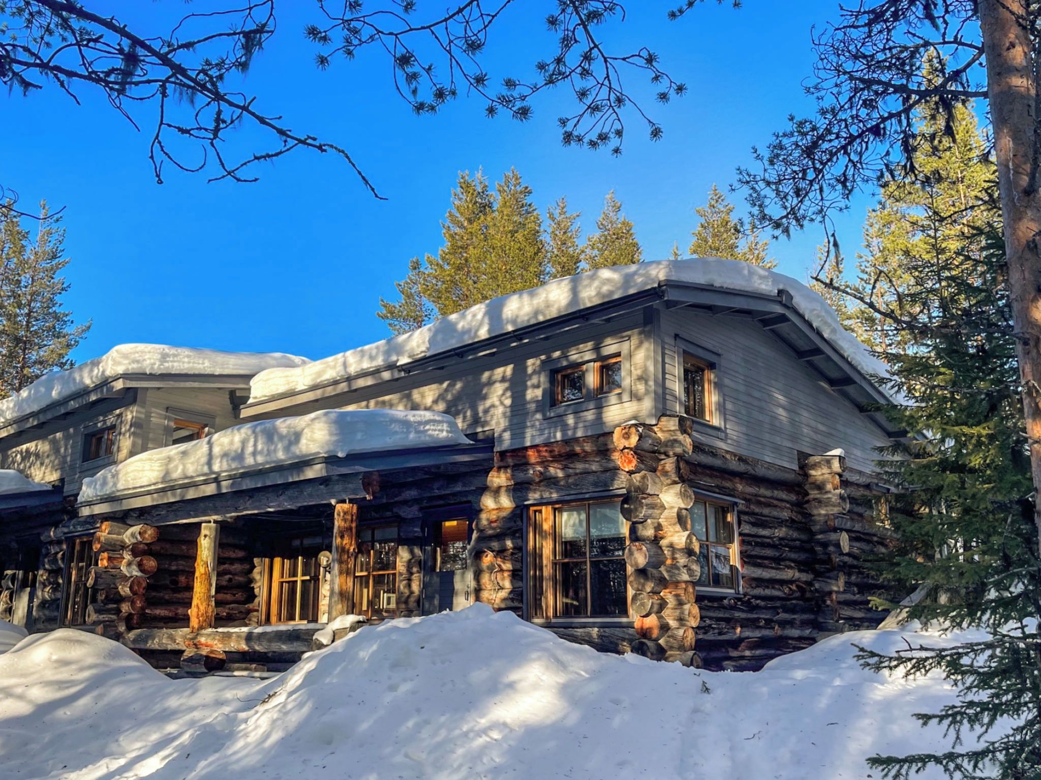 A log cabin with a snow-covered roof, surrounded by trees and a clear blue sky.