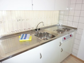 Una cocina con un lavamanos de acero inoxidable, dos hornillas y un microondas.