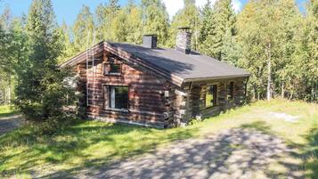 A log cabin with a chimney, a ladder, and a window.