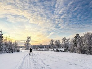Lumipeitteinen maisema, jossa näkyy henkilö kävelemässä polulla.