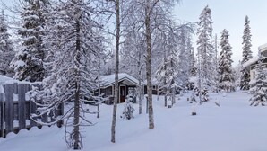 A snow-covered landscape with a cabin and trees.
