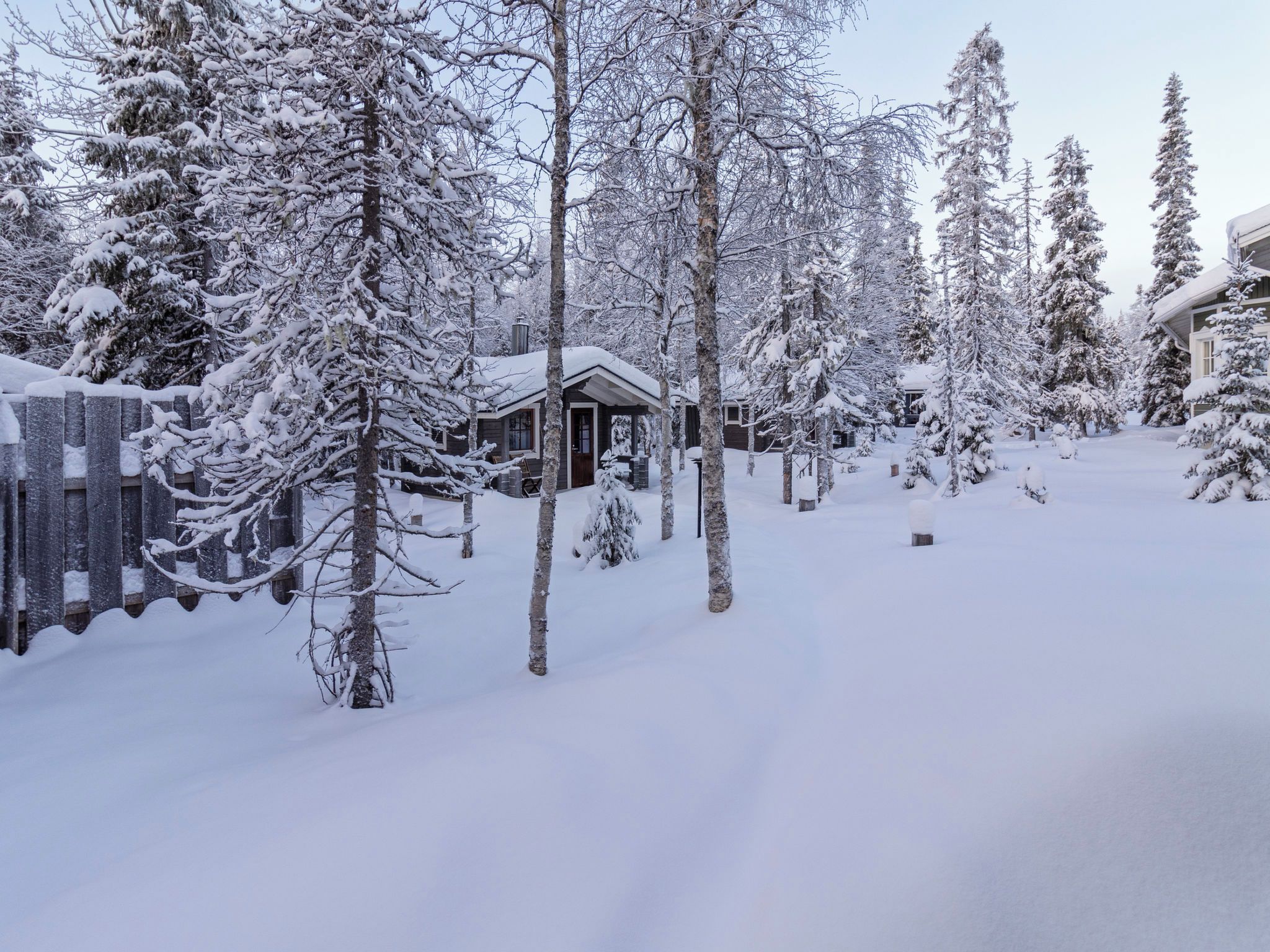 Un paysage enneigé avec une cabane et des arbres.