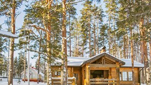 Une cabane en bois dotée d’un porche et d’un escalier, entourée de grands pins et recouverte de neige.