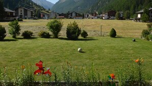 Un pueblo rural con casas, un campo cubierto de hierba y montañas al fondo.