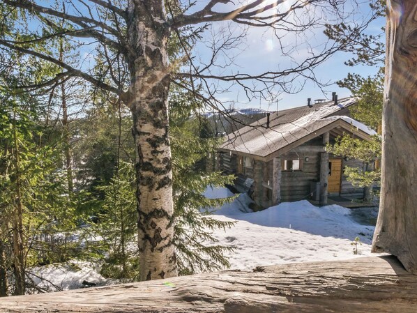 A log cabin with a snow-covered ground, surrounded by trees.