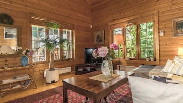 Een gezellig cabin interieur met een houten vloer, een televisie, een bijzettafeltje en een bank.