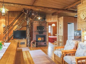 Un intérieur rustique avec une cheminée, des meubles en bois et un téléviseur.