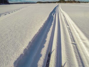 Un paysage enneigé où l’on aperçoit des traces de pneus qui s’estompent à l’horizon.