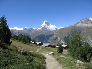 Een bergpad naar een groep traditionele houten huizen, met besneeuwde bergtoppen op de achtergrond.