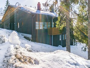 A cabin with a sloped roof, a chimney, and a window with a wooden shutter.