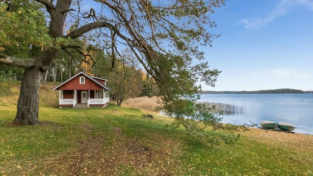 Uma cabana à beira de um lago, com varanda e uma grande árvore em primeiro plano.