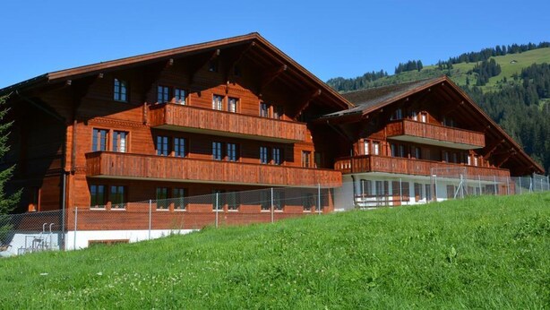 Een houten chalet met balkons, gelegen voor een bergachtig landschap.