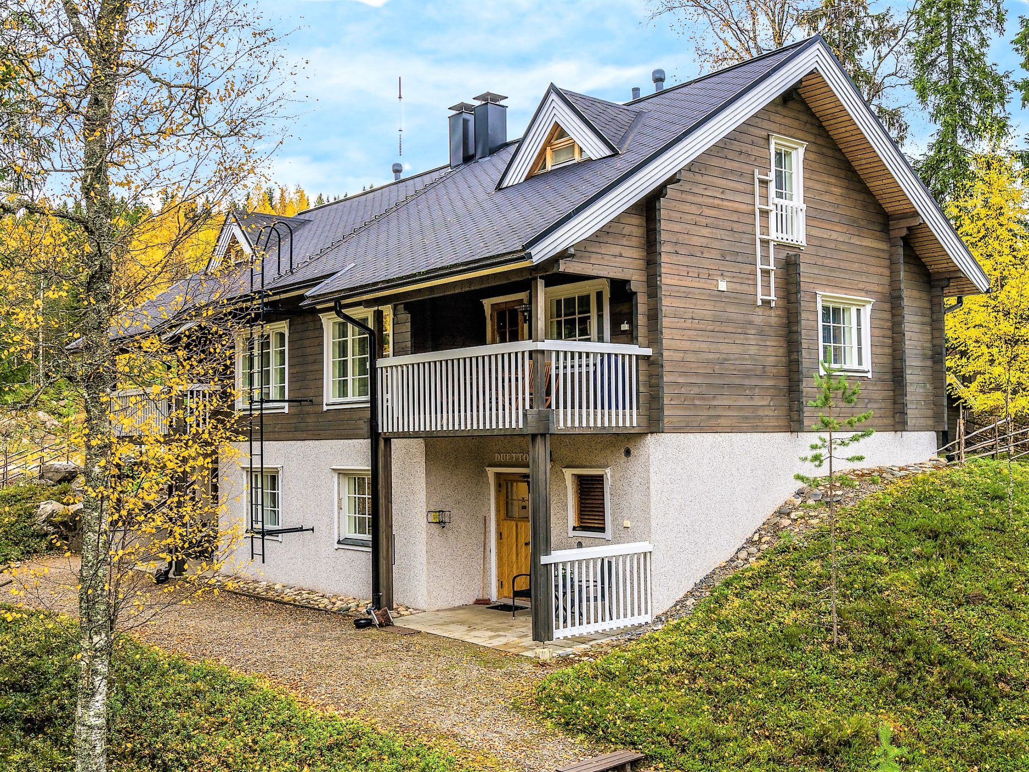 A two-story wooden house with a balcony, a chimney, and a door labeled 'DUETTO'.