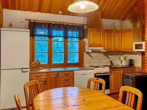 Fridge, microwave, dishwasher, cookware/dishes/utensils