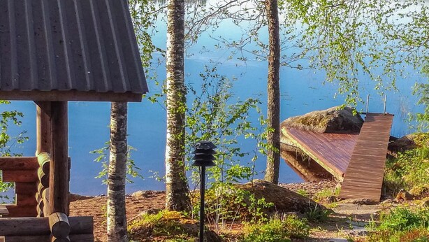 Une cabane en bois avec un toit de chaume, entourée d’arbres et offrant une vue dégagée sur le lac.
