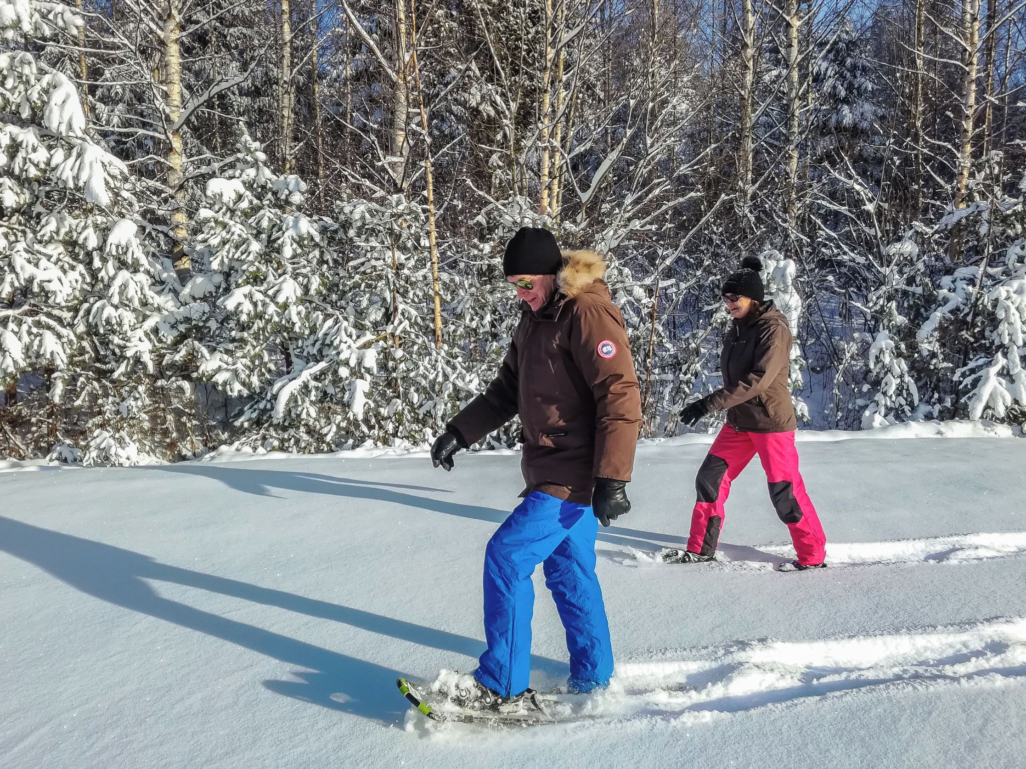 Deux personnes font du patin à glace sur une surface gelée, avec des arbres enneigés en arrière-plan.