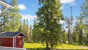 A red shed with a white door, surrounded by a forest with tall trees and a clear blue sky.
