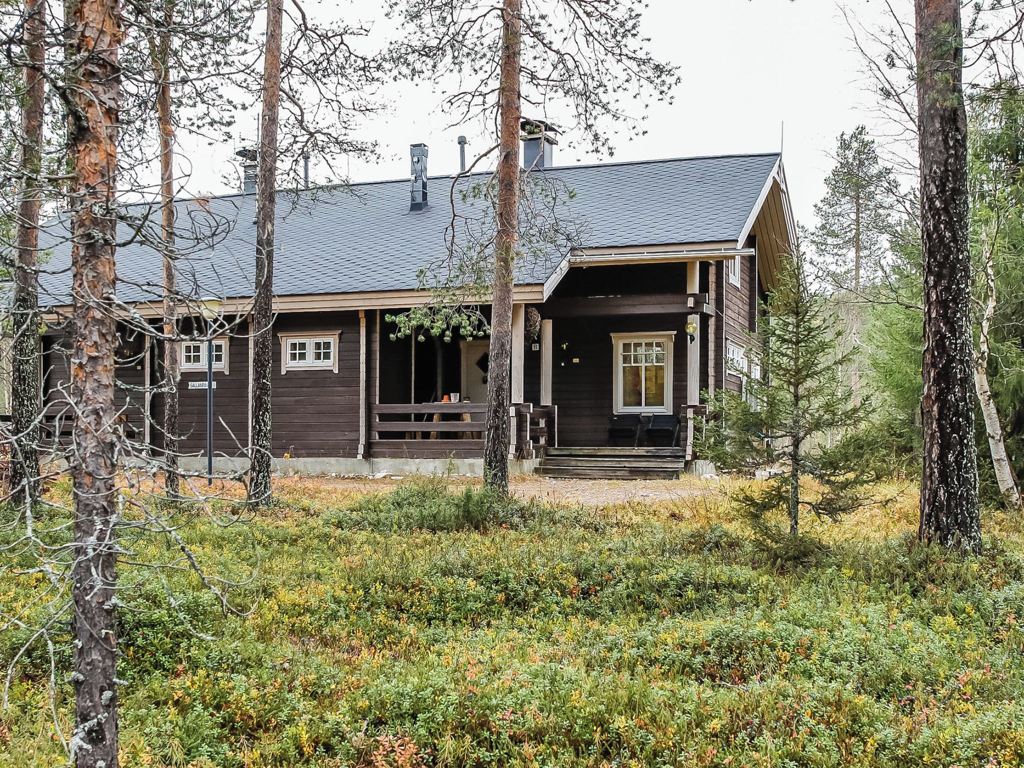 Une cabane dotée d’une véranda, entourée d’arbres et de végétation.