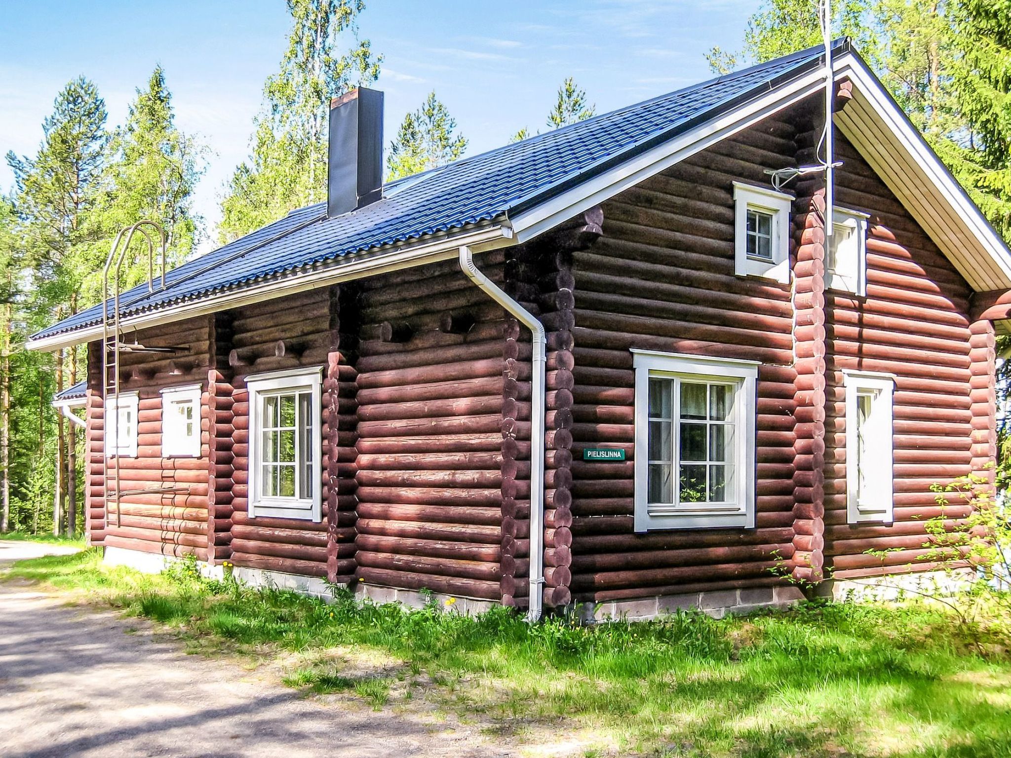 A log cabin with a sloped roof, multiple windows, and a chimney.