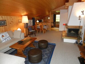 Una televisión, una chimenea, un reproductor de DVD