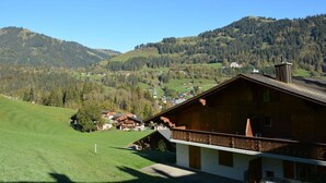 Ein traditionelles Chalet mit Holzaussaat, einem Balkon und Blick auf ein grünes Tal und bewaldete Hügel.