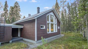 Puinen mökki, jossa on suuri ikkuna ja savupiippu, ja sen ympärillä on metsää.