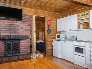 Fridge, microwave, cookware/dishes/utensils