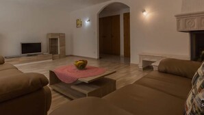 A spacious living room with a fireplace, a television, and a cozy seating area. - Bergfink by Interhome (Saas-Fee)