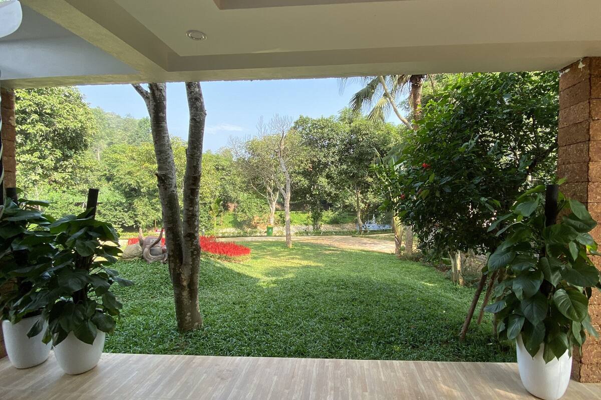 A view from a balcony with a wooden floor, overlooking a well-maintained garden with grass, trees, and a brick wall.
