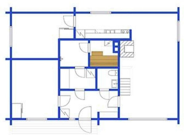 A floor plan with multiple rooms, including a kitchen, bathrooms, and a living area.