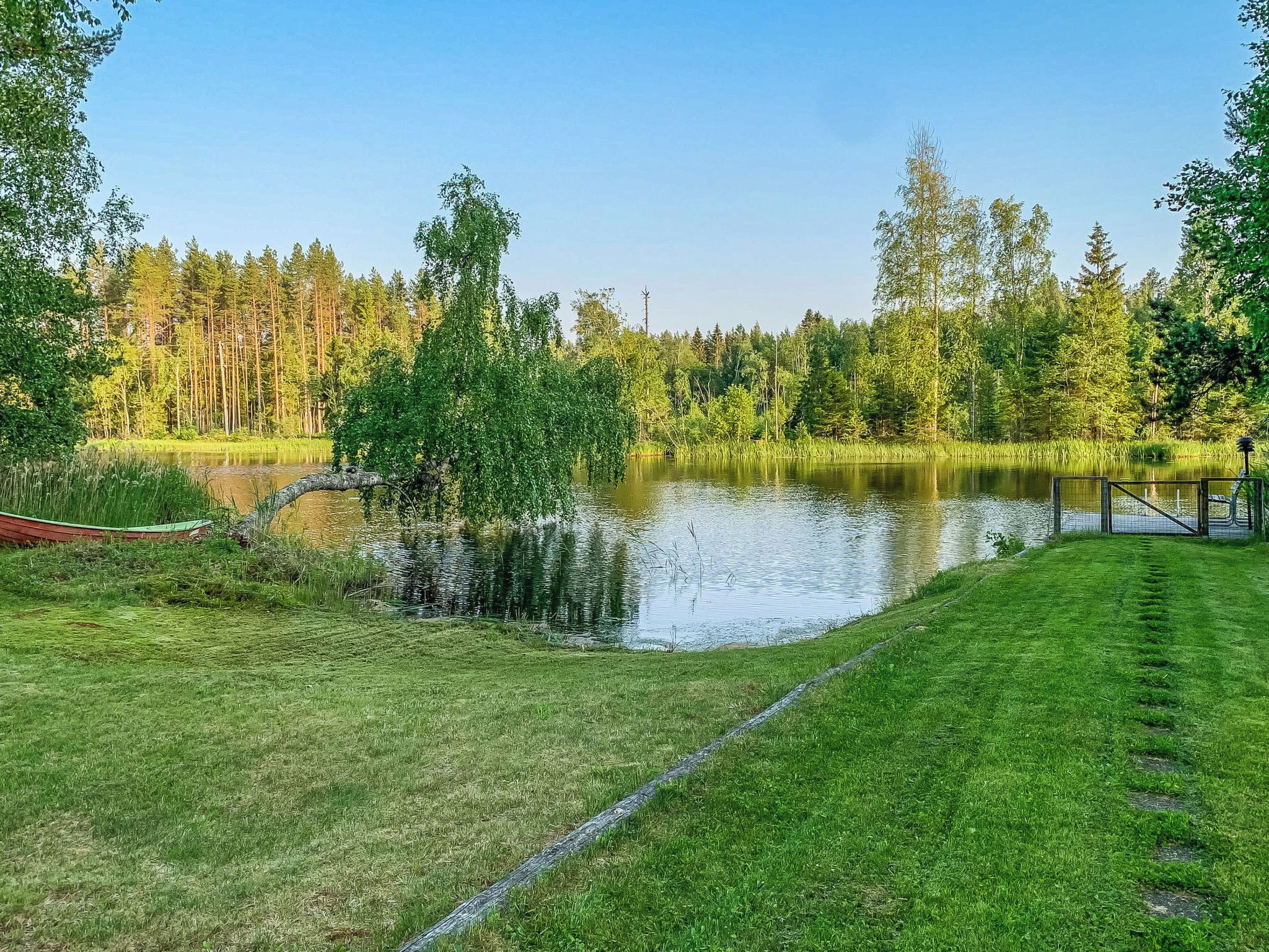 Un entorno tranquilo junto al lago, con una zona de césped, un muelle de madera y un bosque denso al fondo.
