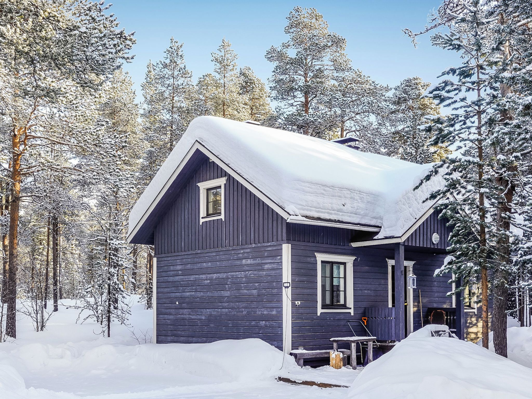 Une cabane de plain-pied, dotée d’un toit à pignon et entourée d’arbres couverts de neige.