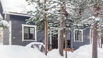 Een modern, twee verdiepingen tellend huis met een donkere buitenkant, omgeven door met sneeuw bedekte grond en bomen.