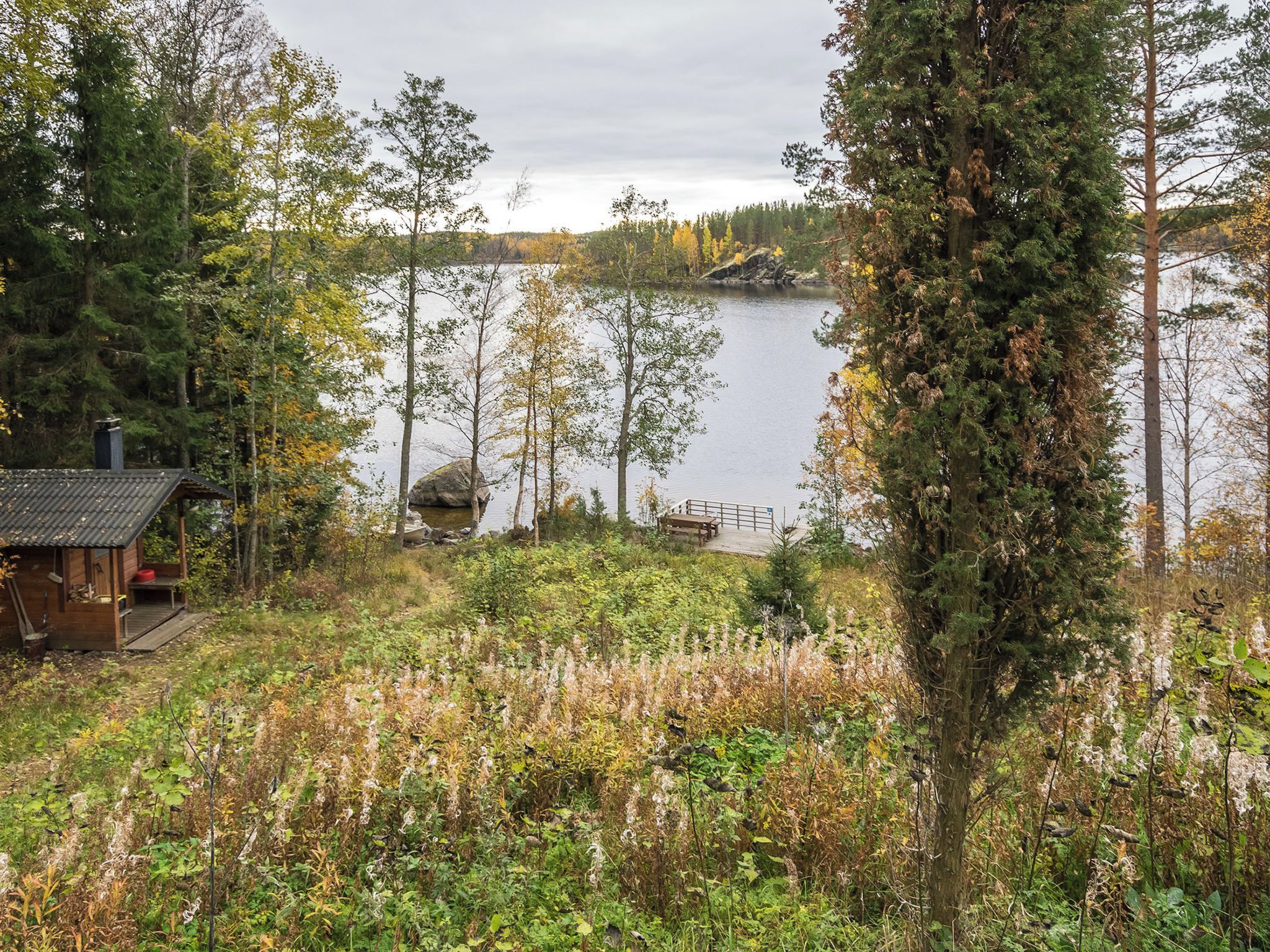 Una cabaña con un muelle que se adentra en un lago, rodeada de un bosque frondoso y follaje otoñal.