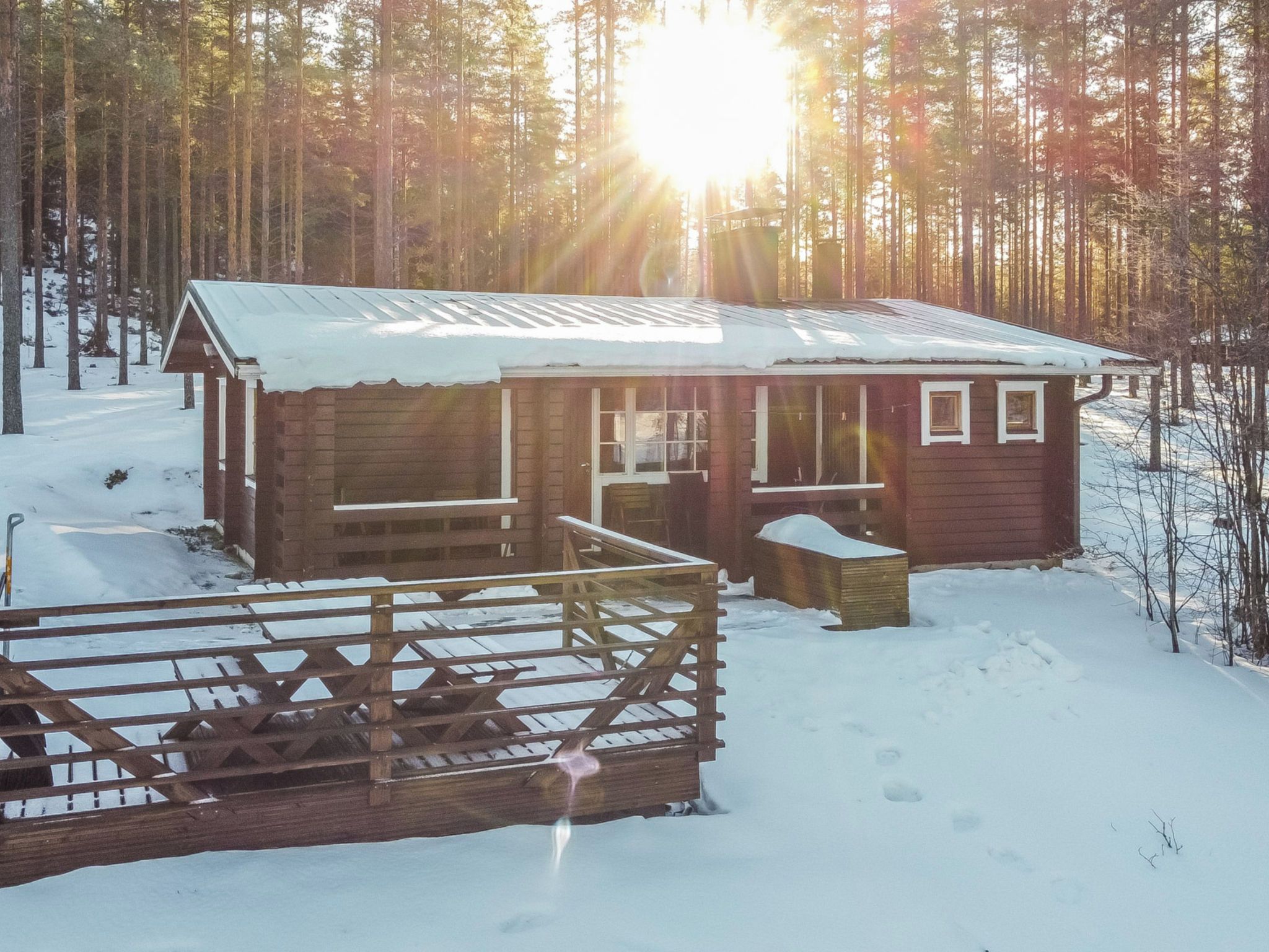 A wooden cabin with a metal roof, surrounded by a snow-covered forest.