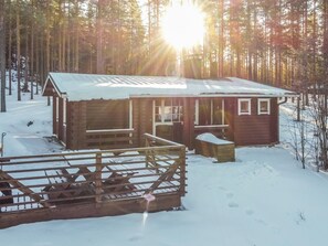 A wooden cabin with a metal roof, surrounded by a snow-covered forest.