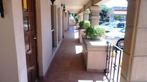 A corridor with a wooden door, tiled floor, and potted plants. - El Dorado Inn (Delicias)