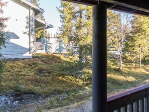 A house with a porch, surrounded by trees and a grassy area.