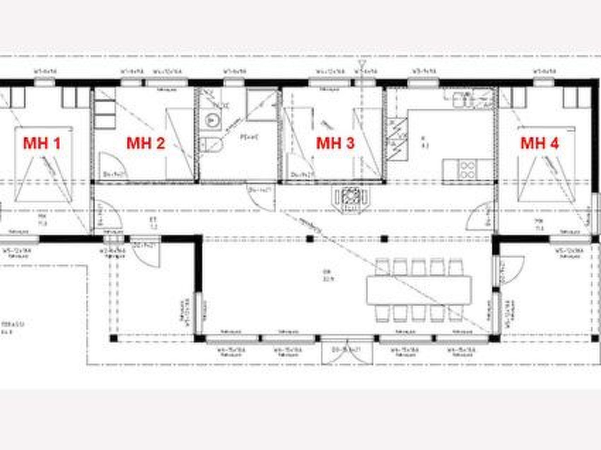 Grundriss eines Hotels mit vier Schlafzimmern (MH 1–4), einem Essbereich und einer Küche.