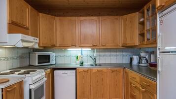 Fridge, microwave, dishwasher, cookware/dishes/utensils