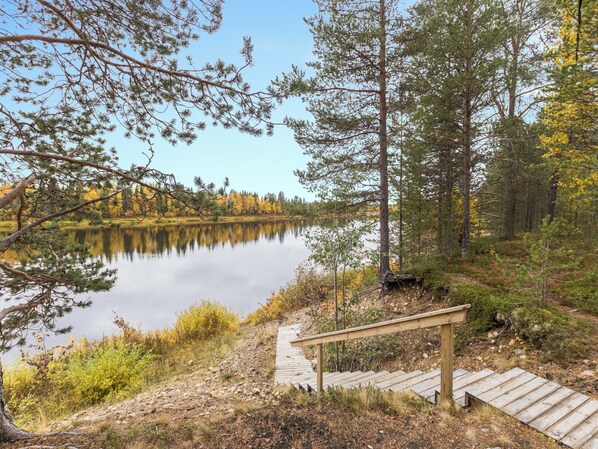 A wooden boardwalk leading to a calm lake surrounded by trees.