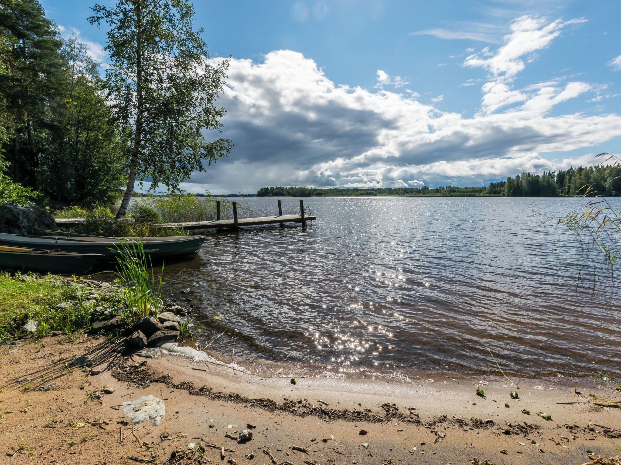 A lakeside scene with a wooden dock extending into calm water, surrounded by greenery and trees.