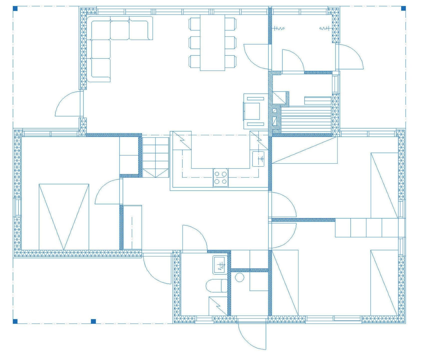 A floor plan with multiple rooms, including a kitchen, dining area, and bedrooms.